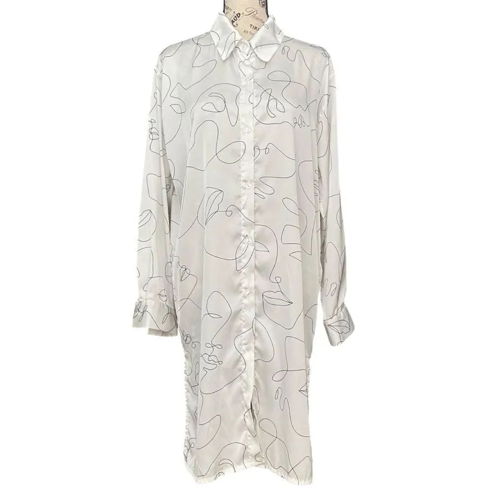 Jon & Anna Contemporary Semi Sheer Abstract Face Print Button-Up Shirt Dress in